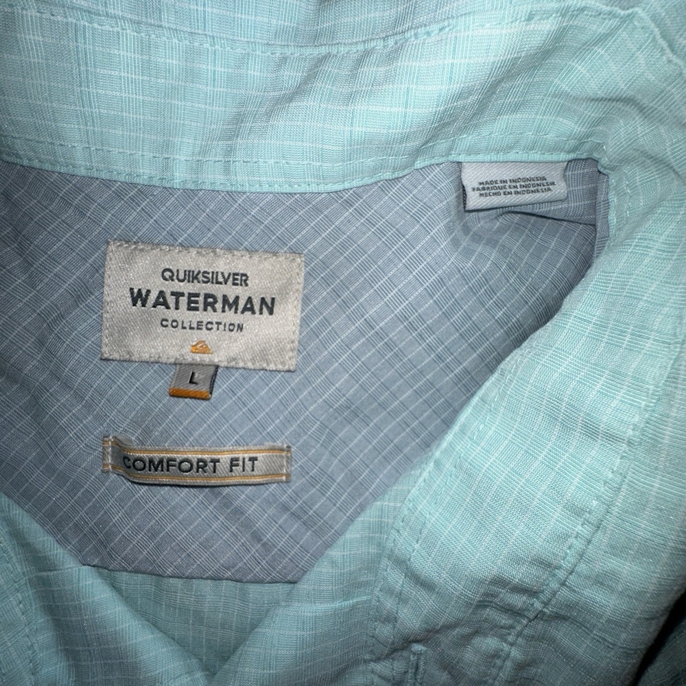 Quiksilver Waterman Mens L Blue Stripe Button Up Outdoor‎ Summer Comfort Fit - Picture 9 of 10
